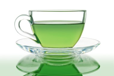 bir cam kapta beyaz zemin üzerine yeşil çay.