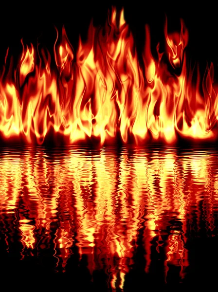 Il fuoco riflesso in acqua su uno sfondo nero . — Foto Stock