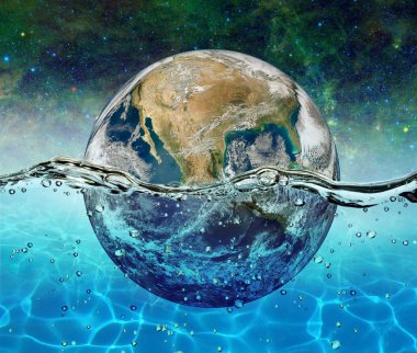 Planet Earth is submerged in water on the background of the starry sky clipart