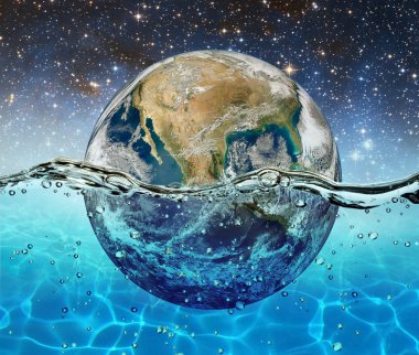 Planet Earth is submerged in water on the background of the starry sky clipart