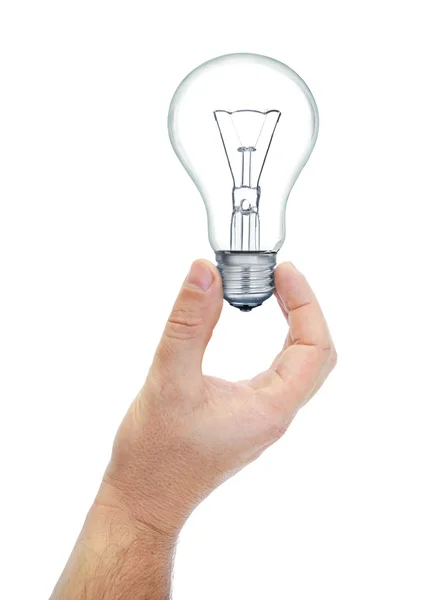 Mão segurando uma lâmpada isolada em um fundo branco — Fotografia de Stock