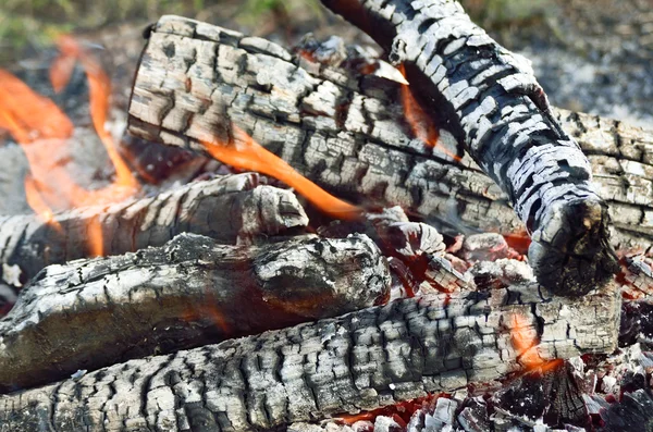 Legna carbonizzata che brucia nel fuoco bagliore, primo piano — Foto Stock