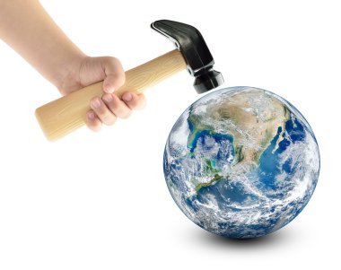 Globe smash with a hammer, isolated on a white background. Elements of this image furnished by NASA