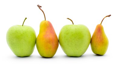 Green apples and ripe pears isolated on white background