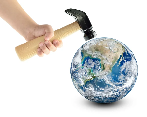 Globe smash with a hammer, isolated on a white background. Elements of this image furnished by NASA — Stock Photo, Image