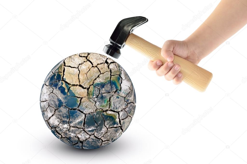Globe smash with a hammer, isolated on a white background. Elements of this image furnished by NASA