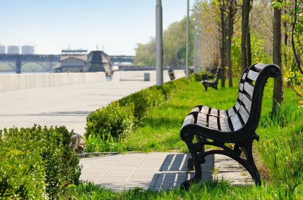 Free bench in a park on the waterfront in Kiev — Stock Photo, Image