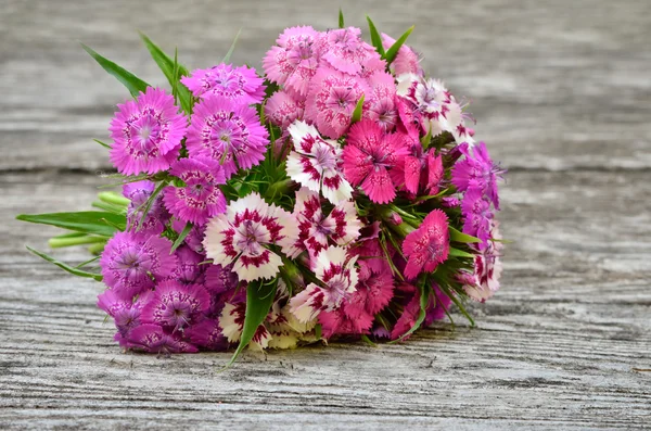 Bouquet of small carnations on a wooden background — Stock Photo, Image