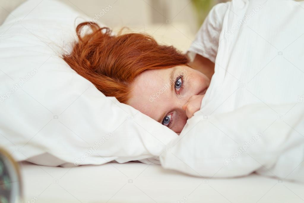 Young Playful Woman with Red Hair Snuggled in Bed — Stock Photo ...