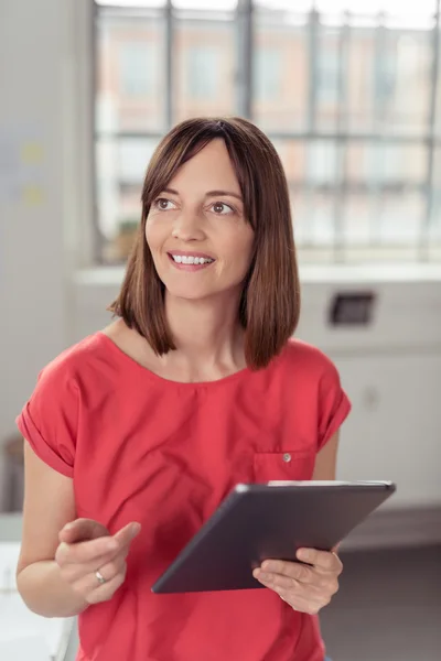 Thoughtful Happy Woman Holding Tablet Computer — Stock Photo, Image