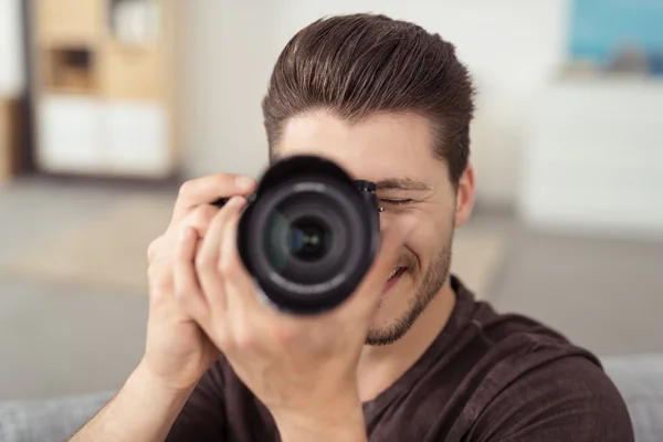 Male Photographer Taking Picture Using DSLR Camera — Stock Fotó