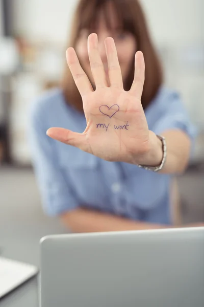 Woman Showing her Conceptual Palm at the Camera — Stock Photo, Image