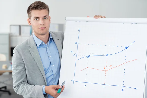 Young Businessman Showing a Graph on Poster — Stock fotografie