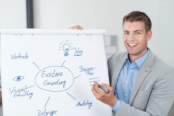 Happy Young Businessman Showing Diagram on Poster — Stok fotoğraf