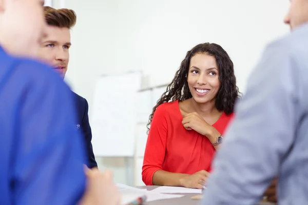 Colleagues Listening to Leader During a Meeting — Stok fotoğraf