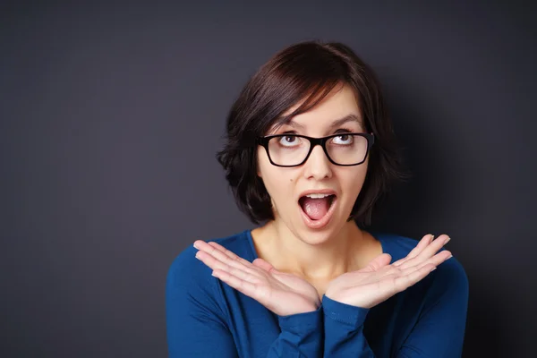 Surprised Woman with Hands Opened Below her Chin — Stok fotoğraf