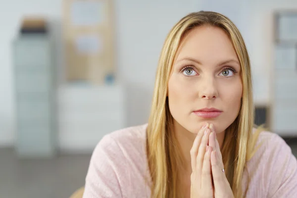 Pensive Office Woman with Praying Hand Gesture — Stock Photo, Image