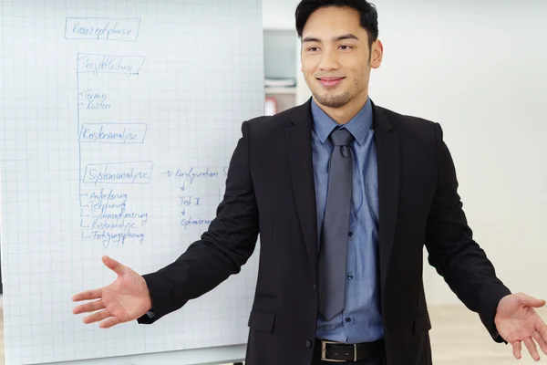 Enthusiastic salesman in front of chart — Stock Photo, Image