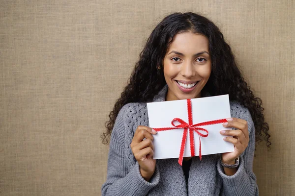 Smiling Woman Holding Package — Stok fotoğraf