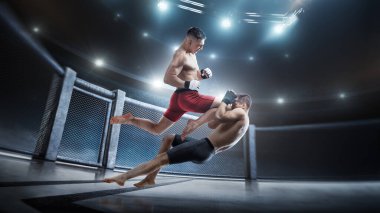 MMA kafesi. Diz tekmesi kafaya. Sekizgen 'de iki dövüşçü dövüşüyor. Atlama tekmesi. Spor hareketi konsepti. Üç Boyut