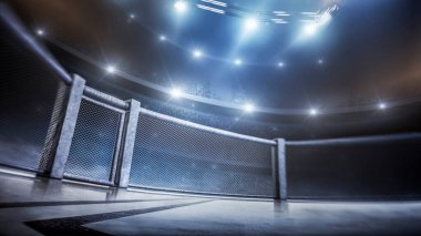 MMA kafesi. Işıklar altında yan manzara. Dövüş Şampiyonası. Dövüş gecesi. MMA sekizgeni. 3B görüntüleme