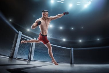 MMA tekmesi. Düz yumruk. Spor konsepti. Sekizgen 'de dövüş sanatları dövüşçüsü. Sporcu