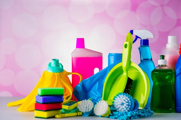 Cleaning set on blue vivid background — Stock Photo, Image