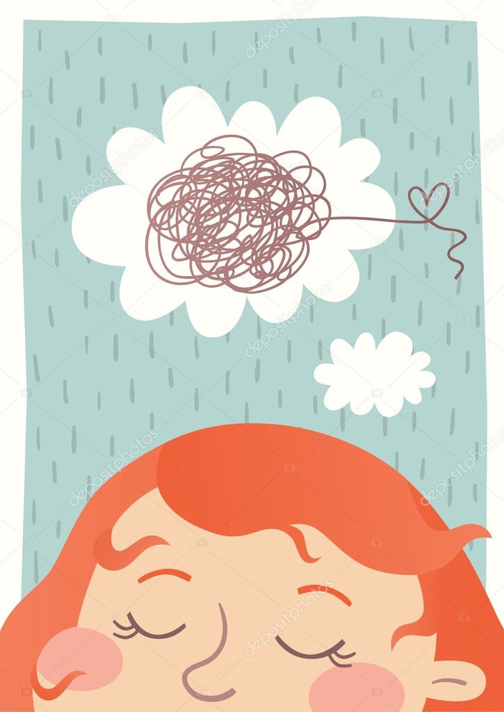 Illustration of a girl thinking about love