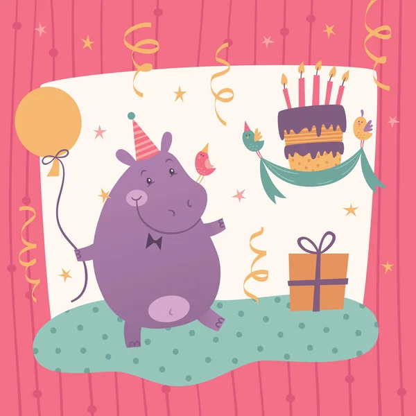 Birthday greeting card with cute hippo — Stock Vector