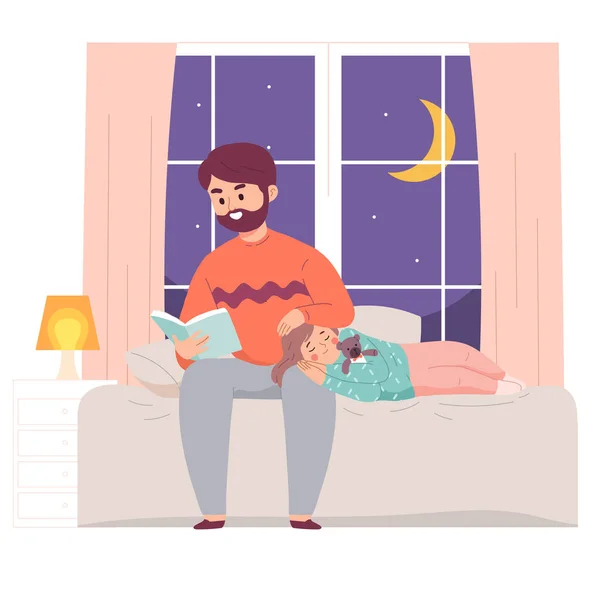 父亲在晚上睡前在床边读书给女儿听 文学知识概念 — 图库矢量图片