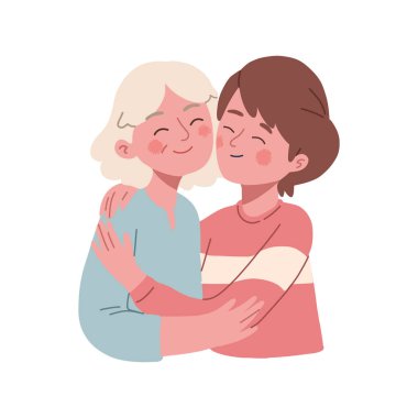 Yaşlı bir anne, yetişkin çocuğuna sarılır.