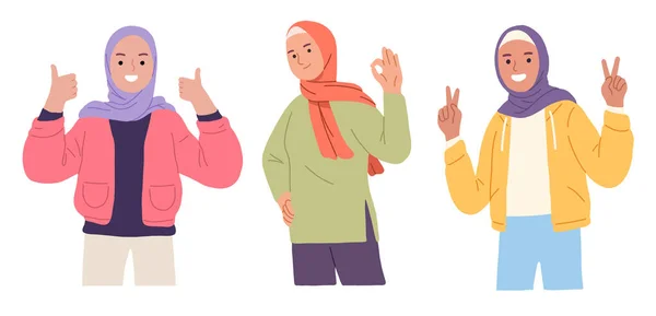 Ilustrasi Wanita Muslim Muda Mengenakan Jilbab Dalam Berbagai Gaya - Stok Vektor