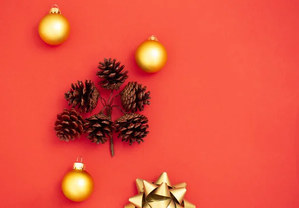 Christmas Twig Cones Christmas Balls Red Background Christmas Background Copy — Stock Photo, Image