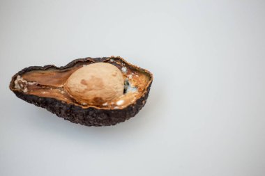 Hafif arka planda çürümüş çürük avokadonun yarısı. Kötü avokado kesiği. Küflü avokado