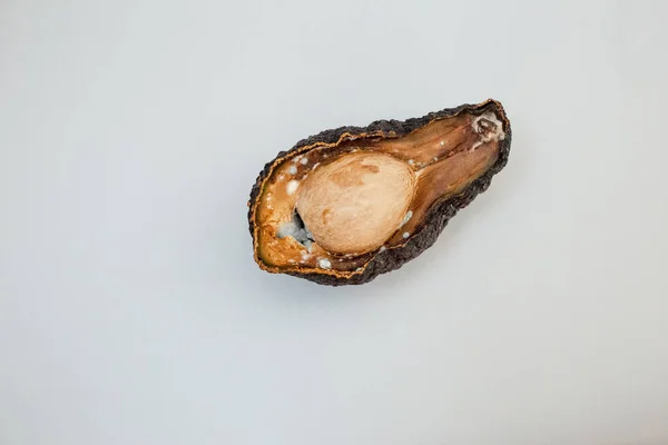Die Hälfte Der Ungesunden Verdorbenen Avocado Auf Hellem Hintergrund Schlechte — Stockfoto