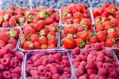 Çilek, ahududu, plastik şeffaf konteyner kutusundaki yaban mersini gıda pazarındaki market standında satılıyor. Yaz meyveleri. Vitaminli sağlıklı yiyecekler.