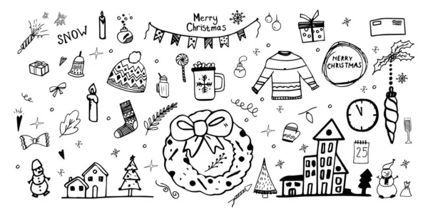 Noel için karalamalar. Dekorasyon için Noel çizimleri. Tebeşir tahtası çizimleri. Yeni yıl simgeleri — Stok Vektör