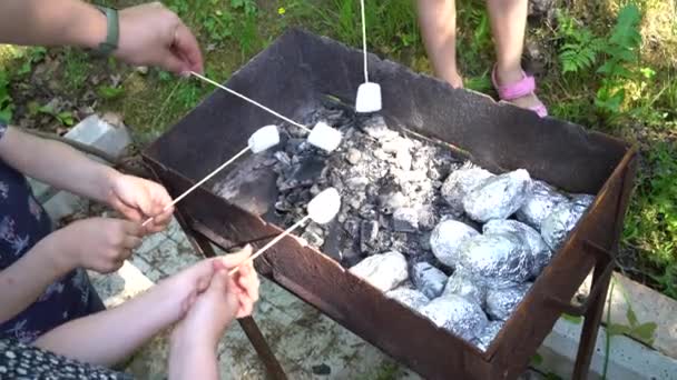 Çocuklar kazıkta marşmelov kızartırlar. Çocukların elleri çubukları şekerle tutuyor. Şekerlemeler sıcakta ısınıyor.. — Stok video