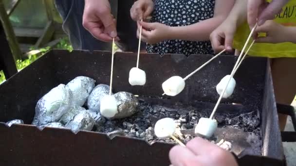 Děti pečou marshmallow na hranici. Dětské ruce drží tyčinky s marshmallows. Marshmallows se oteplují nad horkem — Stock video