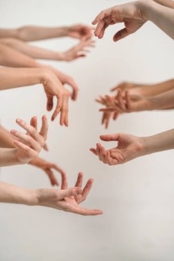 Doğal kadın el güzelliği. Manikürsüz bir sürü kadın eli. Ellerle dikey çerçeve. Kadın güzelliğindeki doğallık eğilimi. Kaplanmamış doğal çiviler