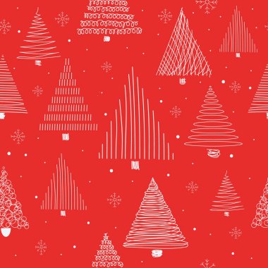 Noel ağaçlarıyla kusursuz desen. Kırmızı arka planda beyaz Noel ağacı çizimleri. Yeni Yıl Paketlemesinin Minimalist Tasarımı.