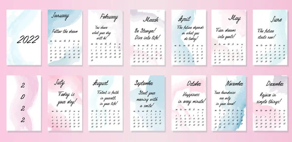 Naptár 2022 motivációs kifejezésekkel. Minimalista naptártervezés. Vízfestékek tervezése a naptárhoz. — Stock Vector