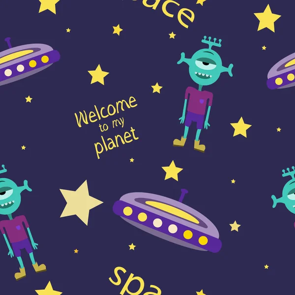 Seamless pattern with an alien. Childrens pattern on the theme of space. Welcome to my planet. A flying planet with stars. Pattern for the design of printed products