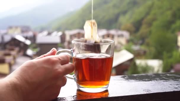 Видео заваривания чая. Человек бросает пакетик чая в кружку с кипящей водой. Человек пьет чай в природе — стоковое видео