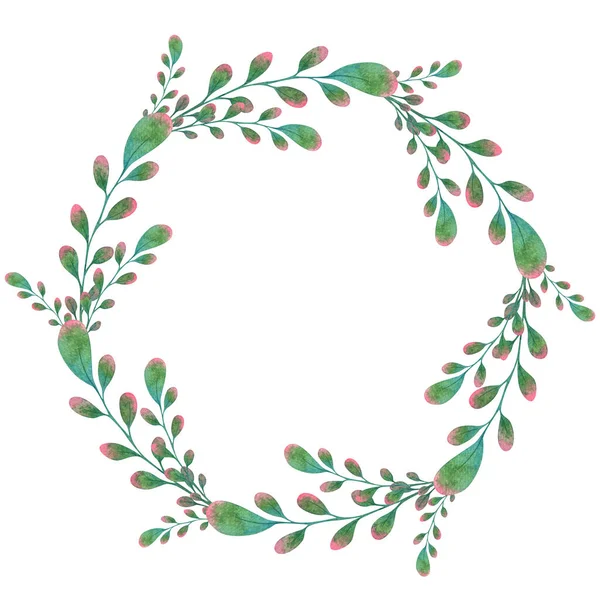 New Year Wreath Thin Red Green Branches Watercolor Isolated Drawing — Stock Photo, Image