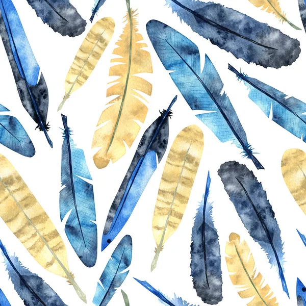 Bird Feathers Blue Ocher Colors Airy Light Watercolor Pattern White — Stock Photo, Image