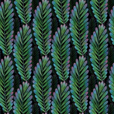 Pembe uçlu bitkilerin yeşil dalları. Koyu bir arka planda suluboya, çiçeksiz desen. Parmak izleri, broşürler, afişler, kartpostallar için..