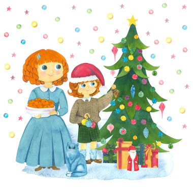 Noel kartı: Aile ağacı süslüyor. Yılbaşı ağacında kızıl saçlı anne ve oğul (kız), hediyeler ve gri bir kedi. Yazdırma, kartpostal, dekor için.