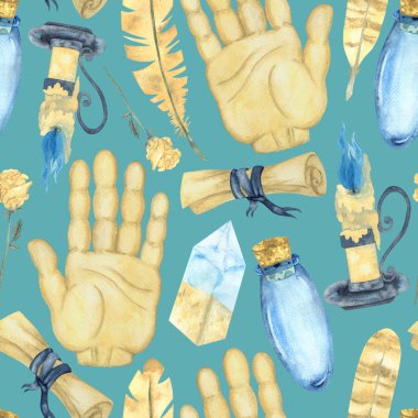 Gizemcilik ve el falı objeleri: mumlar, parşömenler, tüyler. Mavi arkaplanda suluboya elementleri.