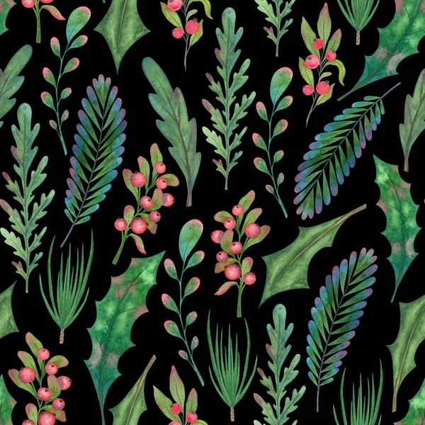 Weihnachtspflanzen Nahtlosem Muster Auf Schwarzem Hintergrund Aquarellzweige Grüner Pflanzen Mit — Stockfoto